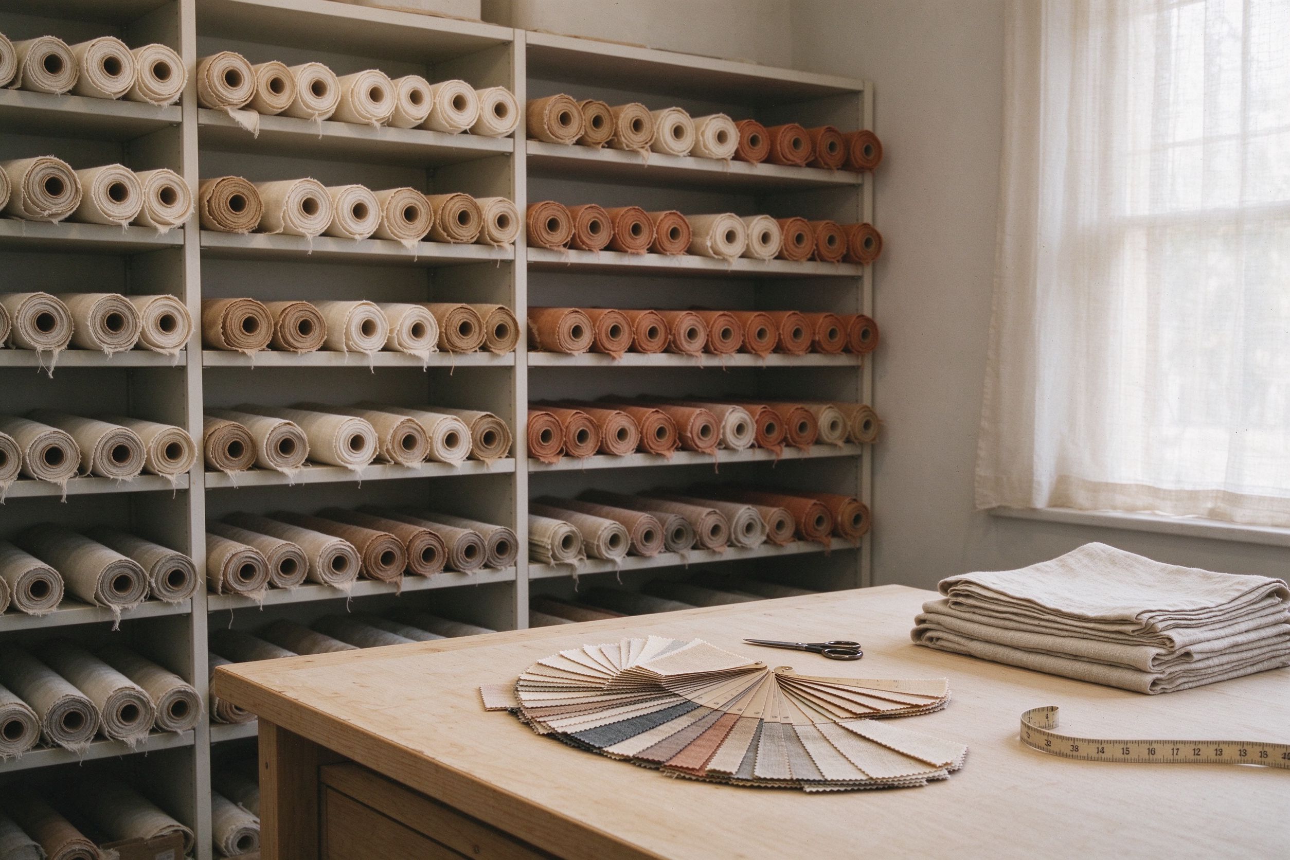 Textile design studio with rolled fabric bolts and worktable