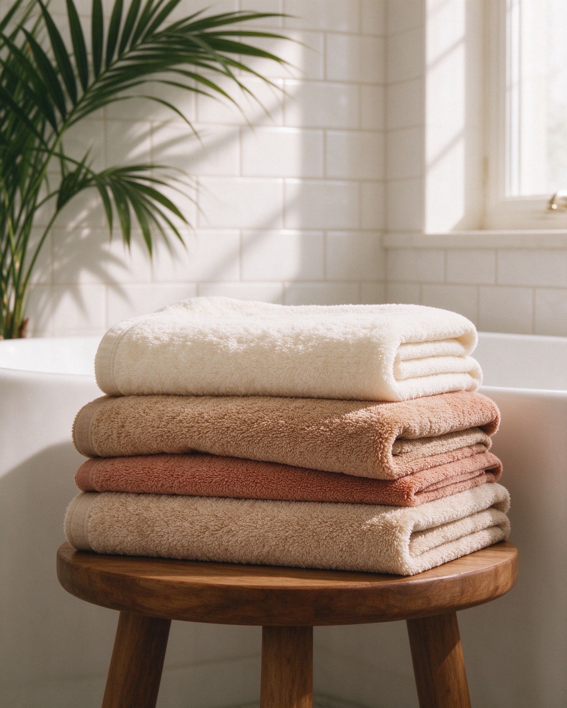 Stack of plush bath towels in cream and terracotta
