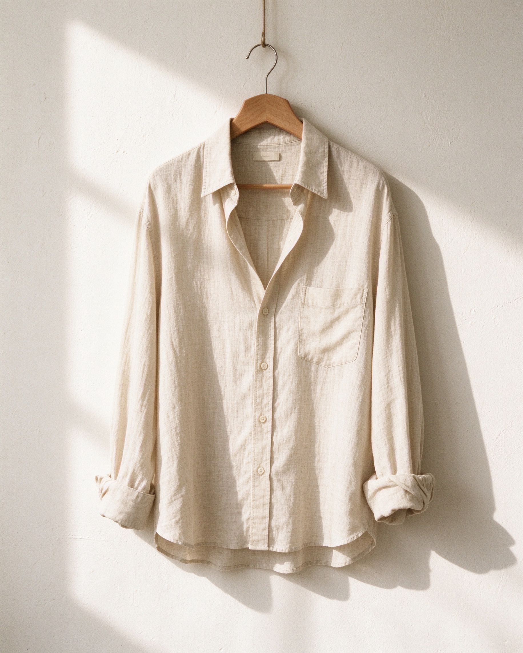 Relaxed oatmeal linen shirt on a wooden hanger