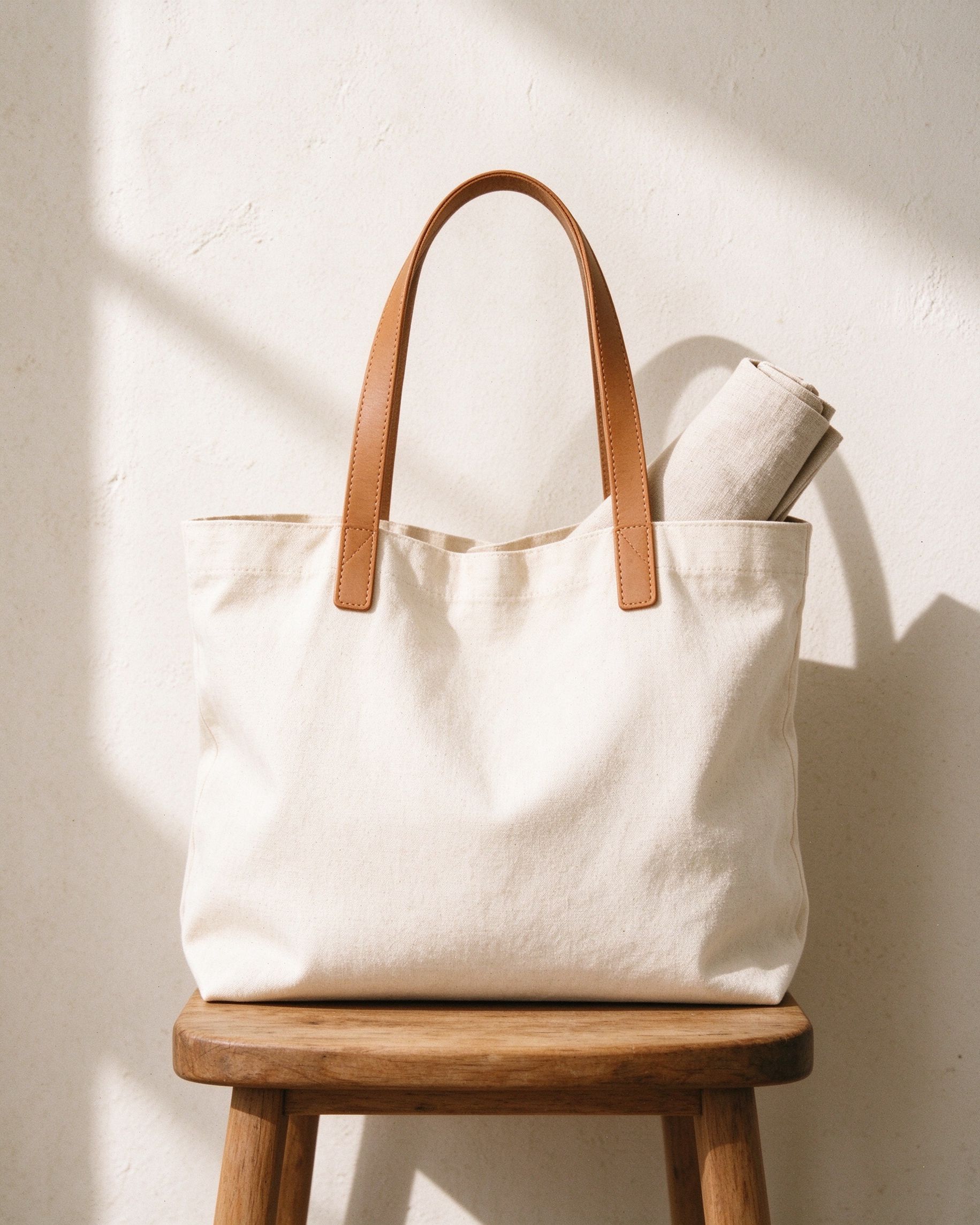Natural canvas tote with tan leather handles